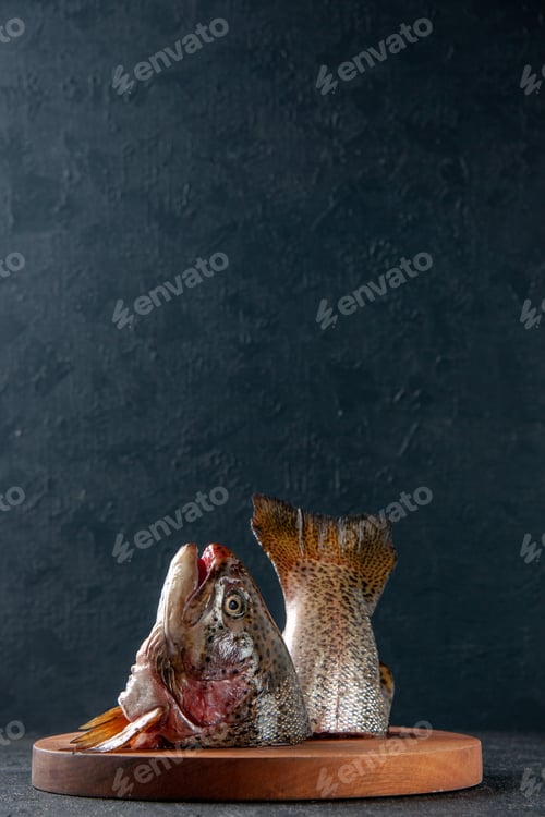 Preview: front view fresh sliced fish on a dark blue background seafood meal ocean water sea meat food meal