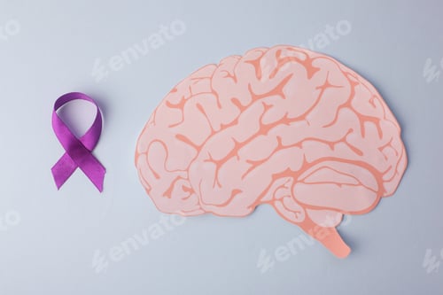 Preview: Purple Ribbon And Brain Paper Cutout Support Mental Health Illness, Epilepsy, And Alzheimer.
