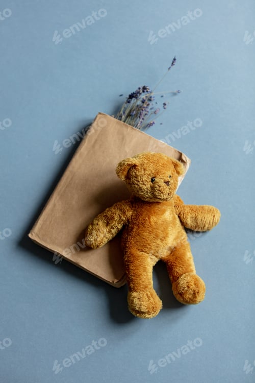 Preview: Vintage book with lavender and teddy bear toy on gray background