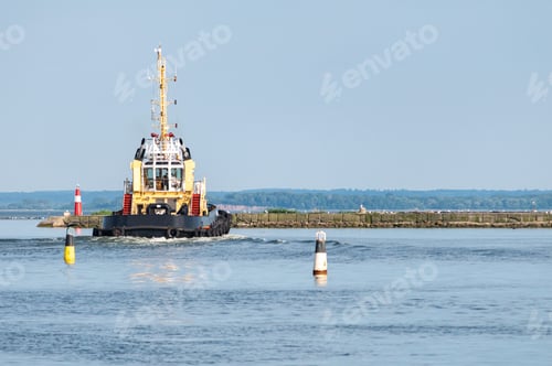 Preview: Tugboat, tow ship inner harbor sea city. Vessel for tow another ships. Buoys on the water