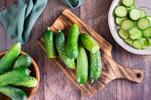 Preview: Fresh cucumbers on a cutting board on the table. Dietary organic food. Top view