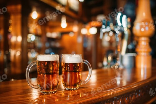 Preview: Two beer mugs on wooden bar counter, nobody