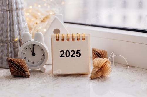Preview: Desk calendar for 2025 on the table. New Year and Christmas decoration. Planning of new year goals