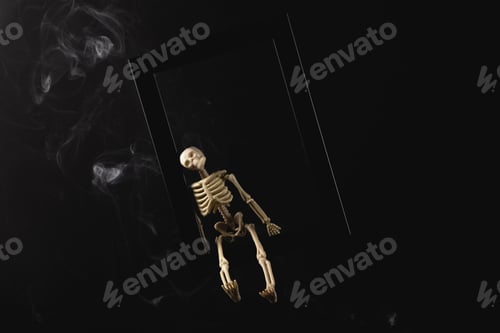 Preview: The skeleton as a symbol of Halloween sits on the corner of a black frame with smoke