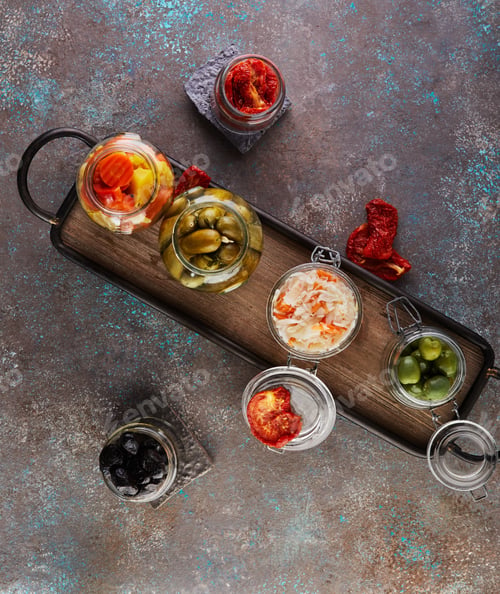 Preview: Fermented canned vegetarian food concept. Sauerkraut, pickled carrots