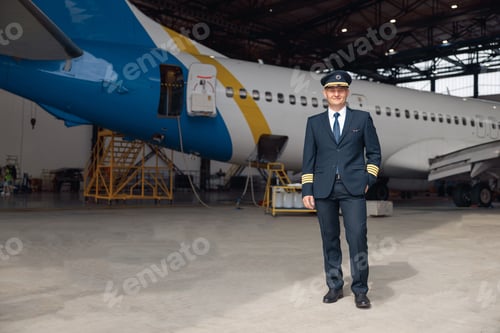 Preview: Full length shot of proud pilot in uniform smiling at camera