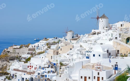 Preview: Oia Santorini Greece on a sunny day during summer with whitewashed homes and churches, Greek Island