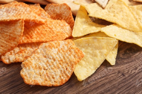 Preview: Heap of salted crisps on wooden board, concept of unhealthy food
