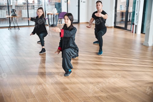Preview: Teacher in martial arts uniform practising stance with students