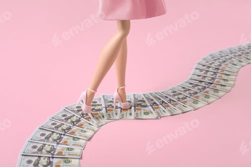 Preview: Woman Legs Walk Along a Money Path on Pink Background.