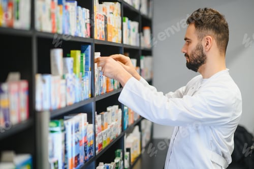Preview: Pharmacist organizing medicine shelf in retail pharmacy