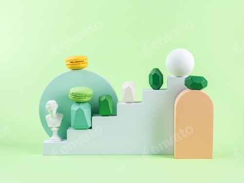 Preview: White stairs podium with geometric shape wooden elements and podiums on green background. Design