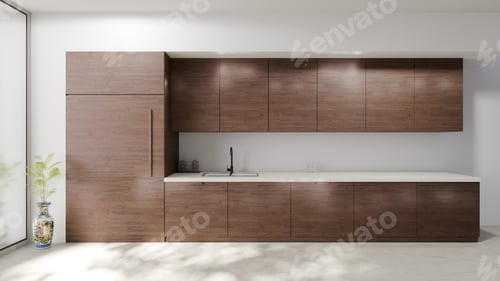 Preview: spacious area shows a kitchen with wooden cabinets and a white countertop