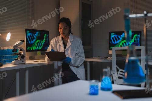 Preview: Woman scientist analyzing dna research data in laboratory