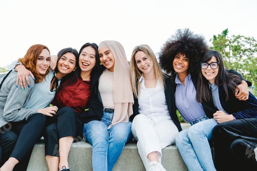 Preview: Business women, Group of multiethnic people having fun hugging outside office