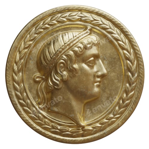 Preview: Old gold coin isolated on white, ancient male head with laurel wreath, 3d