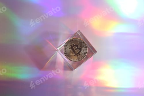 Preview: Golden bitcoin coin on holographic, abstract, neon background. digital currency, business style.