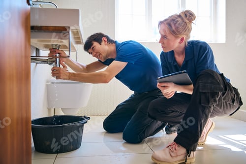 Preview: Female Plumber Holding Digital Tablet With Male Trainee Fixing Leak In Domestic Bathroom Sink