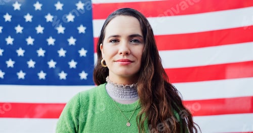 Preview: Patriotism, portrait and confident woman on american flag for democracy, freedom or home of brave.
