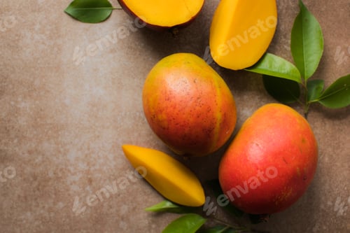 Preview: Mango background design concept. Top view of fresh mango fruit pattern with leaves on table.
