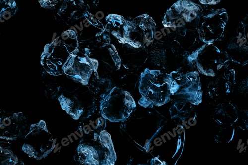 Preview: frozen clear ice cubes with blue lighting isolated on black