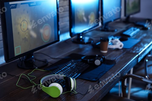 Internet cafe with modern computers for playing video games