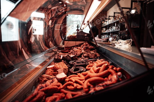 Preview: Fresh ham and sausages in meat shop's counter