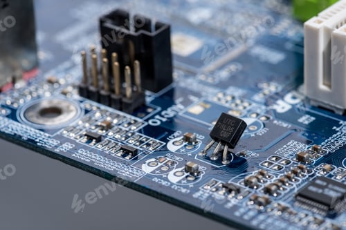 Preview: selective focus of various details of computer motherboard