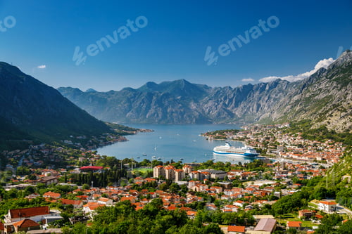 Preview: Aerial view of Montenegro's Kotor town with Kotor bay