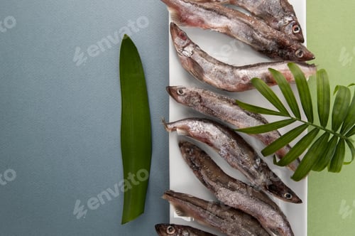 Preview: Raw fresh-frozen capelin close-up on a light blue-green backgrou