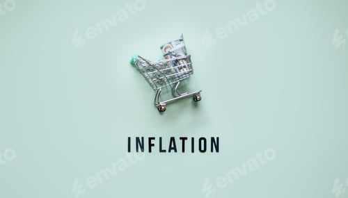 Preview: Shopping basket cart with dollars cash and word Inflation on blue background