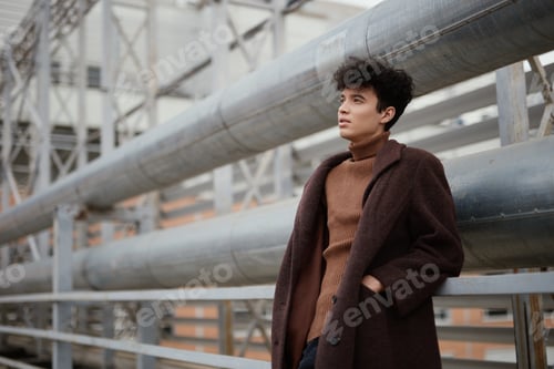 Preview: Fashionable young african american man in brown coat and sweater standing on bridge, looking into