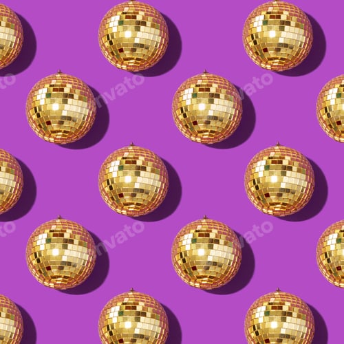 Preview: New year baubles. Shiny gold disco balls on violet background. Pop disco style attributes, retro