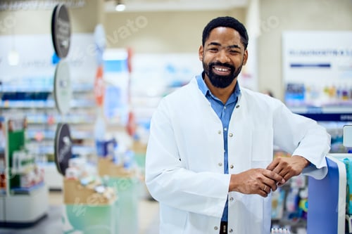 Preview: Smiling Pharmacist in White Coat at the Pharmacy Counter