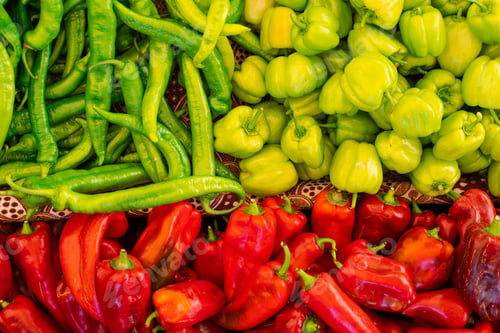 Preview: Colorful chili and bell peppers assortment on vegetable market