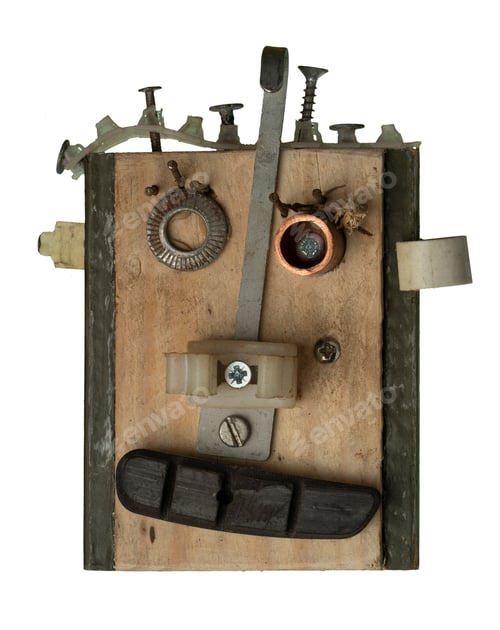 Preview: Robotic head made of wood and various small industrial parts isolated on the white background