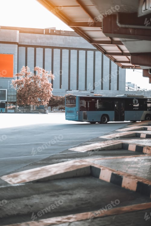 Preview: Urban bus station, parked blue bus