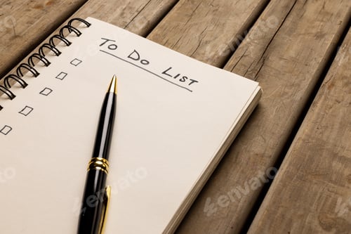 Preview: Image of notebook with to do list and copy space on wooden surface with pen