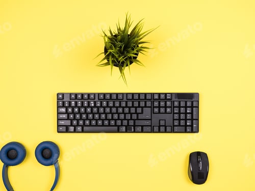 Preview: top view bussines man concept image on yellow desk