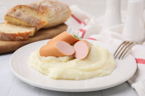 Preview: Delicious boiled sausages and mashed potato on white table, closeup