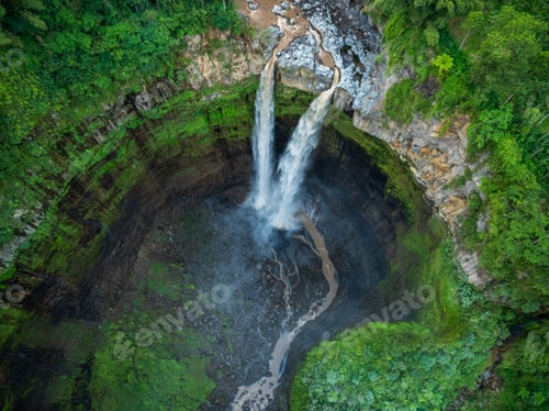 Preview: Aerial top view from above of Coban Sriti waterfall, Indonesia waterfall in Malang, East Java, Indon