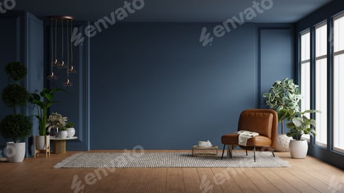 Preview: Modern interior of living room with leather armchair on wood flooring and dark blue wall