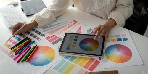 Preview: Woman graphic designer working in home office. Artist creative designer illustrator graphic skill