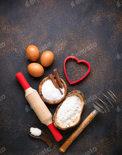 Preview: Ingredients for baking on rusty background