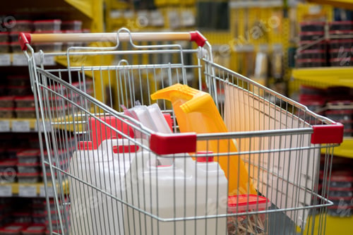 Preview: SHopping cart with household goods in hardware supermarket