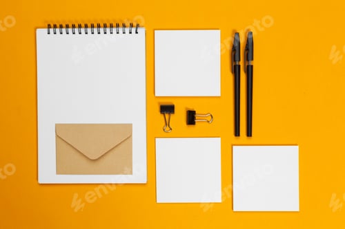 Preview: mock up concept. cards Papers on yellow background. Top view, flat lay, copy space