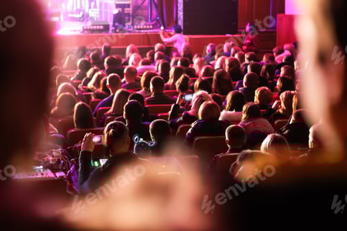 Preview: Spectators sit in the hall and watch a concert. People in the auditorium watching the performance. T