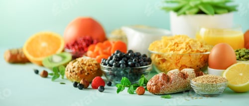 Preview: Corn flakes with milk, fresh berries, yogurt, boiled egg, nuts, fruits, orange, banana, peach for