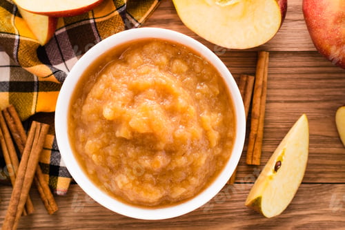Preview: Apple puree in a bowl. Top View
