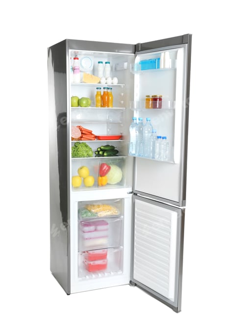 Preview: Open refrigerator with many different products on white background